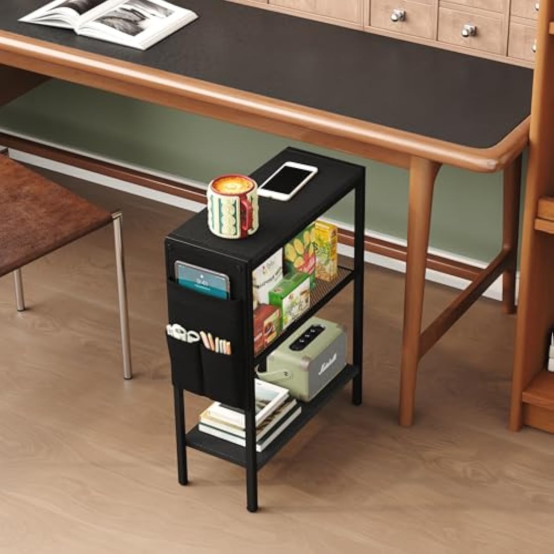 Yusong Small Narrow Side Table for Small Spaces, Slim End Table with Storage Bag, Sofa Snack Table with Adjustable Metal Mesh, 3 Tier Accent Skinny Beside Table for Living Room & Bedroom, Black Oak