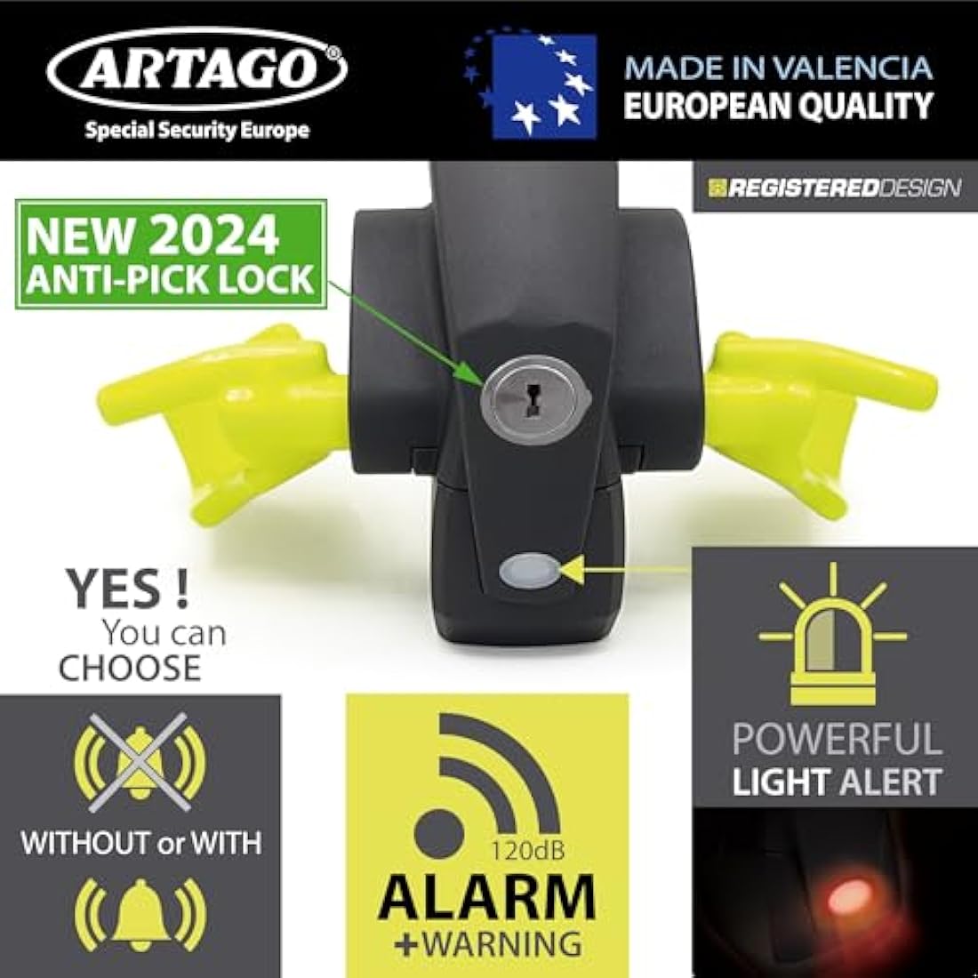 ARTAGO 870 High-End Steering Wheel Lock 2in1 Without or with 120dB Alarm + Don't Touch Warning, Visible and Deterrent High Security, Universal Anti Theft Bar Locking Device for Car, Truck, Van, Camper