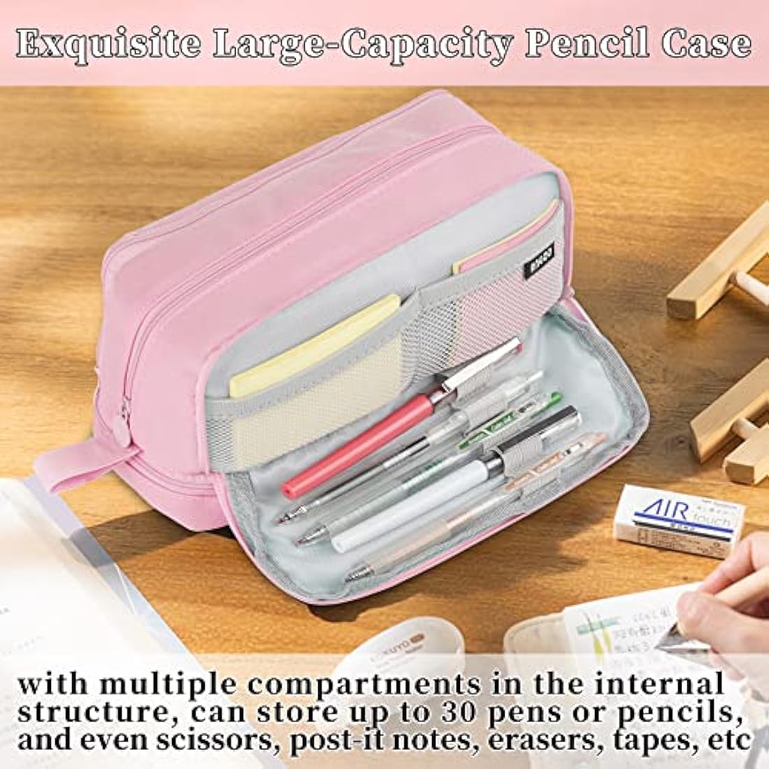 Tesmien Pencil Case, Large Pencil Case with 4 Compartments Stationery Organizer for Boys and Girls, Aesthetic Pencil Bag Suitable for Kids Teenagers Students Women Men, Pink