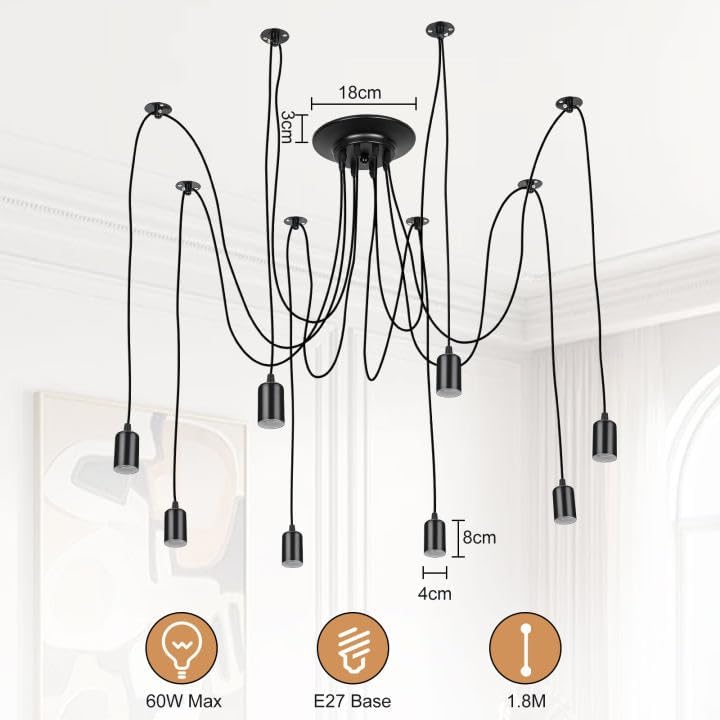 Lightess 8 Arm Spider Pendant Light - Multiple E27 Bulb Sockets, DIY Hanging Chandelier for Living Room, Bedroom, Cafe, Hall