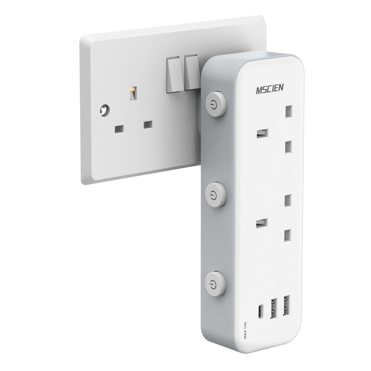 MSCIEN Double Plug Adaptor With USB-C and USB-A, Individually Switched Multi Plug (Blue Indicator), White Adapter for Home, Office, Dorm