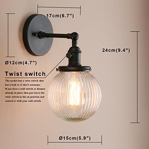PathsOn 15cm Industrial Modern Vintage Retro Wall Lights, Loft Bar Kitchen Sconce Lights Lamp Fixture with Ribbed Globe Clear Glass Light Shade (Black)