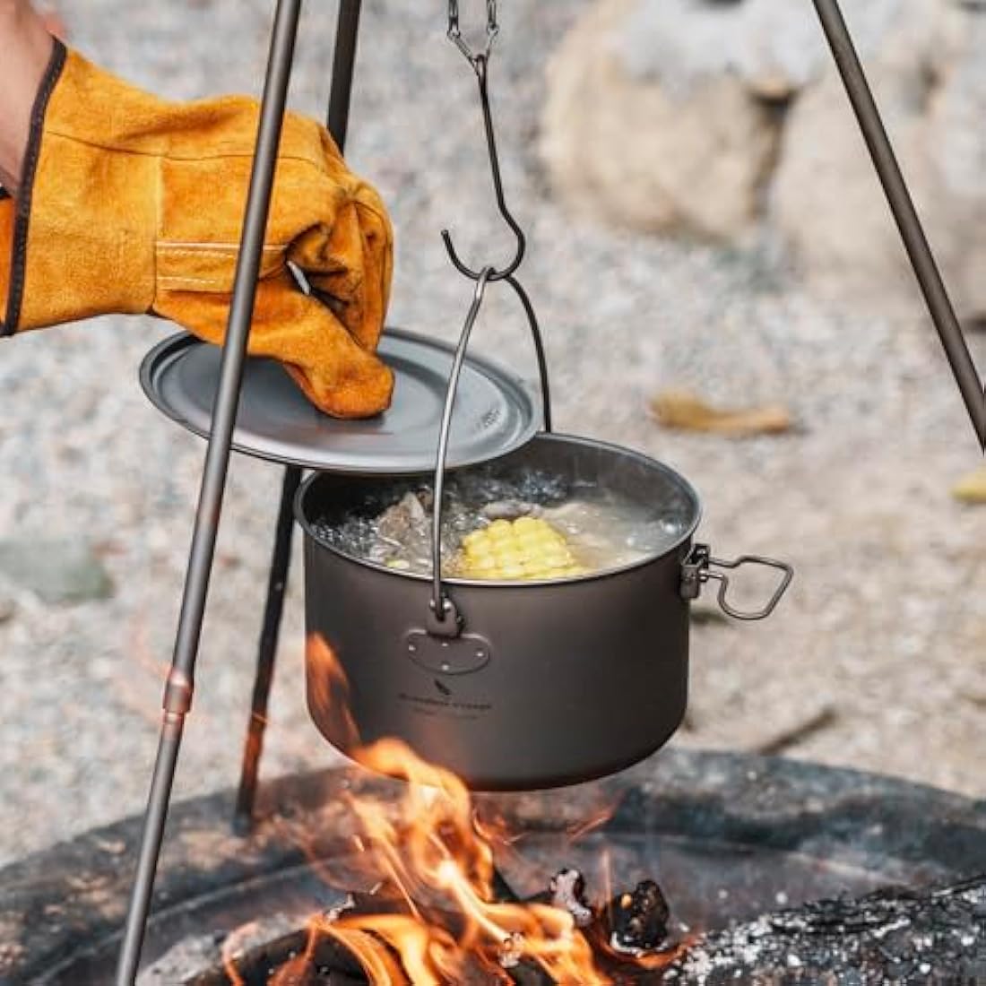 Boundless Voyage Outdoor Titanium Pot with Lid Folding Bail Handle Camping Hiking Picnic Ultralight Portable Water Bottle Cup Mug Spork Set 1950ml Pan