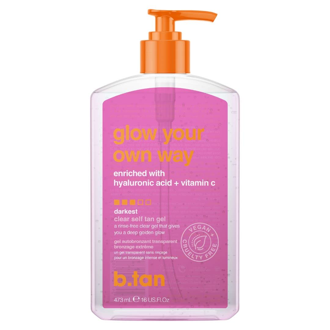 b.tan Clear Self Tanning Gel | Glow Your Own Way - Best Transfer-Resistant, Express, Dark Fake Tan Lotion, Use less for a Gradual Bronze or More for