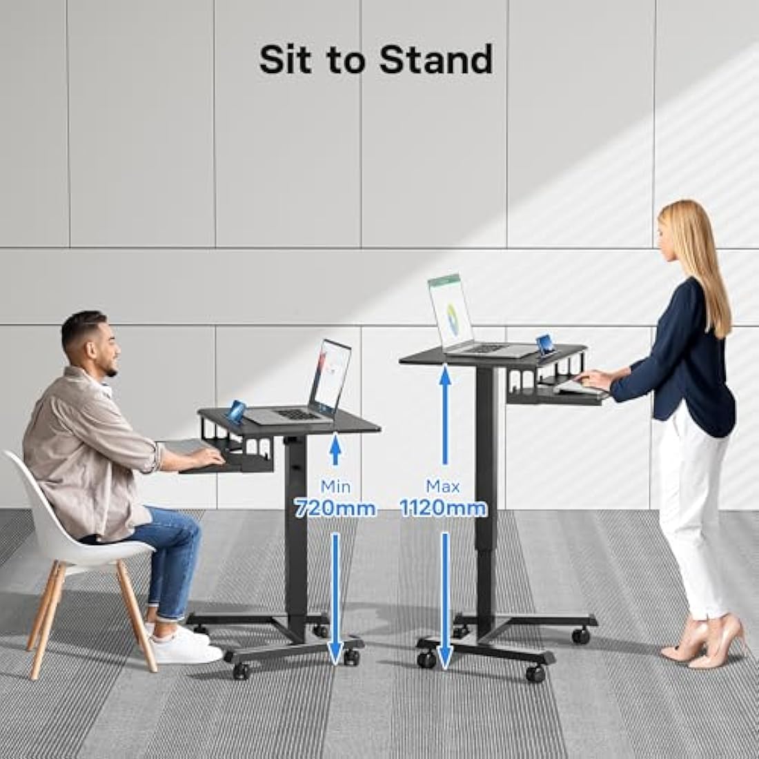 BONTEC 65 × 45cm Two-Tier Mobile Computer Workstation with 4 Rolling Castors, Laptop Stand on Wheels, Height Adjustable Standing Desk, Side Table for Living Room, Bedroom, Medical