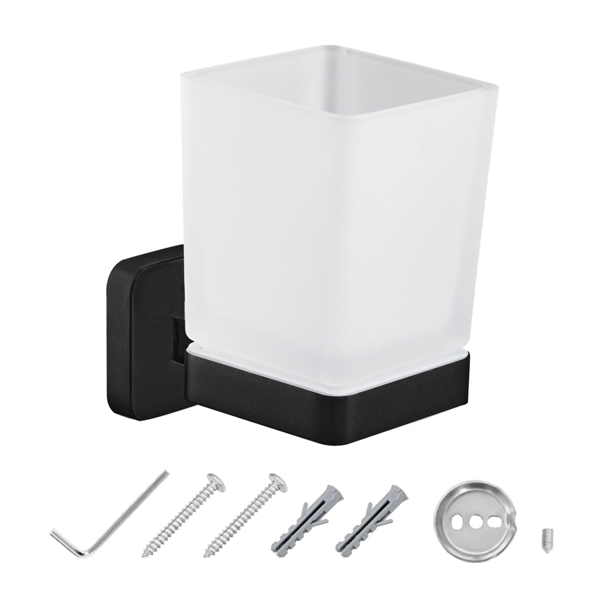 JASSFERRY Wall Mounted Toothbrush Tumbler Holder Single Frosted Glass Tumbler Toothpaste Organizer Storage Square Cup Black