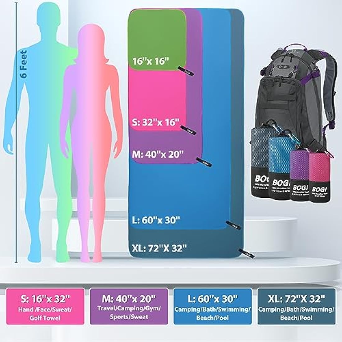 BOGI Microfibre Quick Dry Travel Towel - Soft Lightweight Gym Towel, Super Absorbent & Ultra Compact for Beach, Sports, Swimming, Gym, Yoga, Camping, Hiking