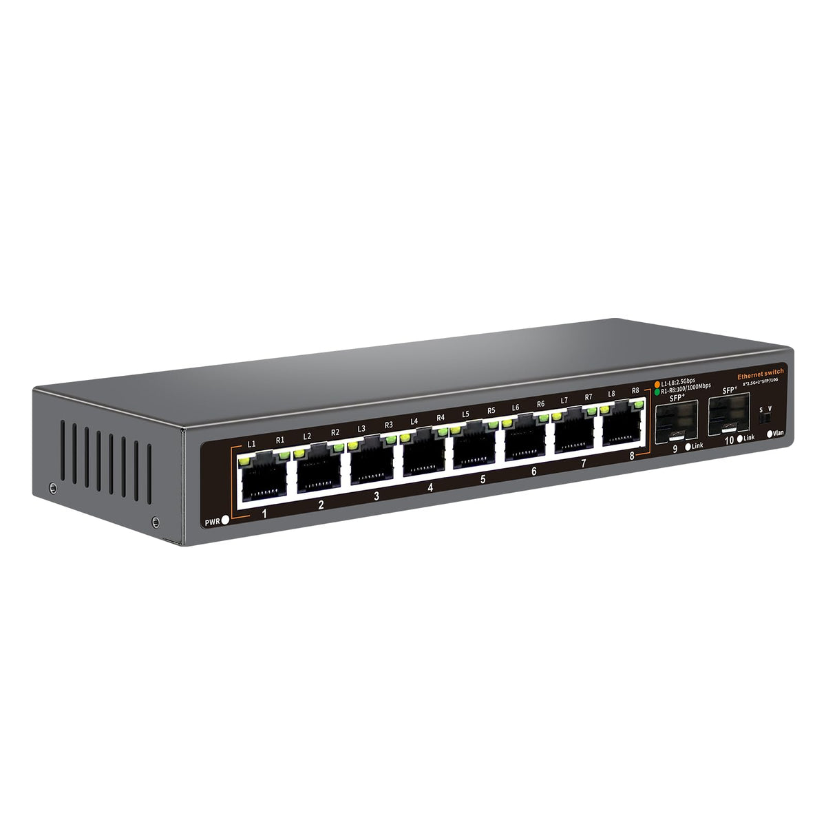 10 Port 2.5G Unmanaged Ethernet Switch, 8 x 2.5G Base-T Ports, 2 x 10G SFP, For 100/1000/2500Mbps, VLAN, Fanless 2.5G Network Switch Desktop/Wall