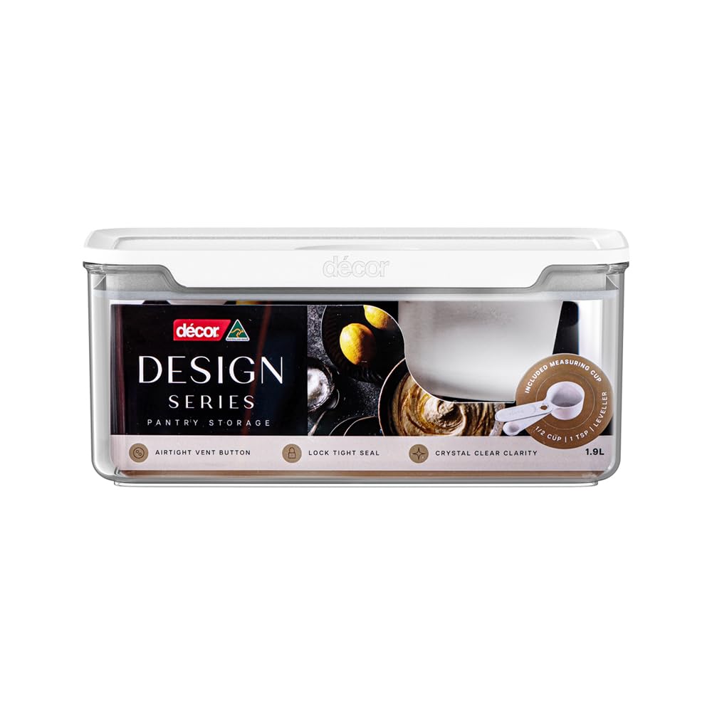 Décor Pantry Storage Container 1.9L with Half Cup Measure - Design Series, Airtight, BPA-Free, Modular Stackable, Dishwasher Safe, Australian Made