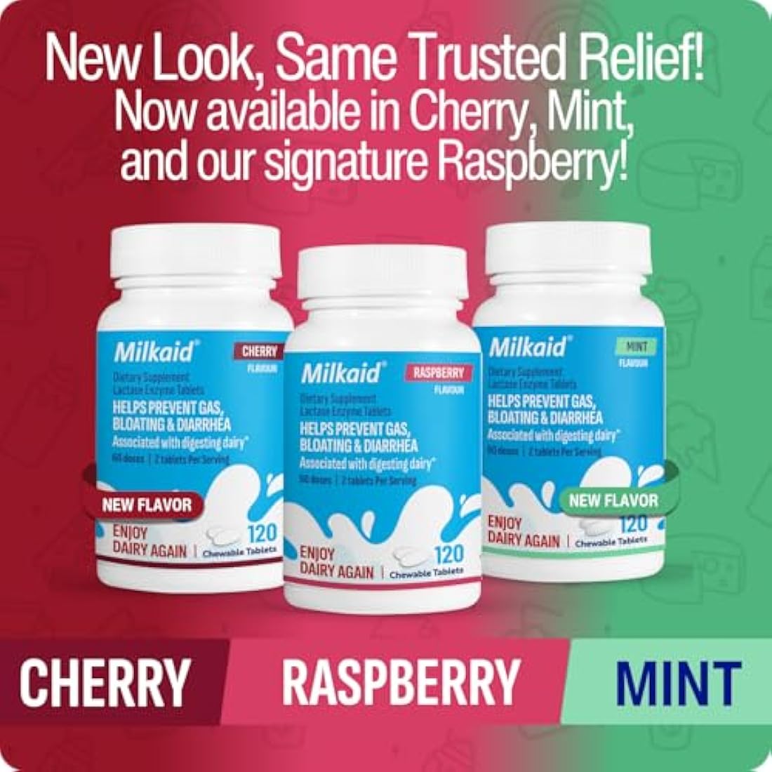 Milkaid Lactase Enzyme Chewable Tablets for Lactose Intolerance Relief, Prevents Gas, Bloating & Diarrhoea, Gluten Free & Vegan, Rasberry, 120 Count