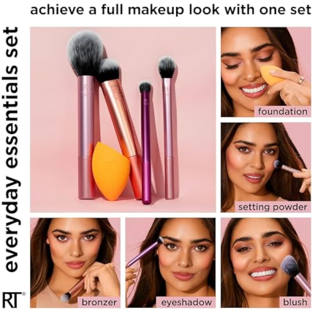 REAL TECHNIQUES,5 Count (Pack of 1) Everyday Essentials Makeup Brush Complete Face Set (Miracle Complexion Sponge, Expert Face, Blush, Setting and Deluxe Crease Brushes)