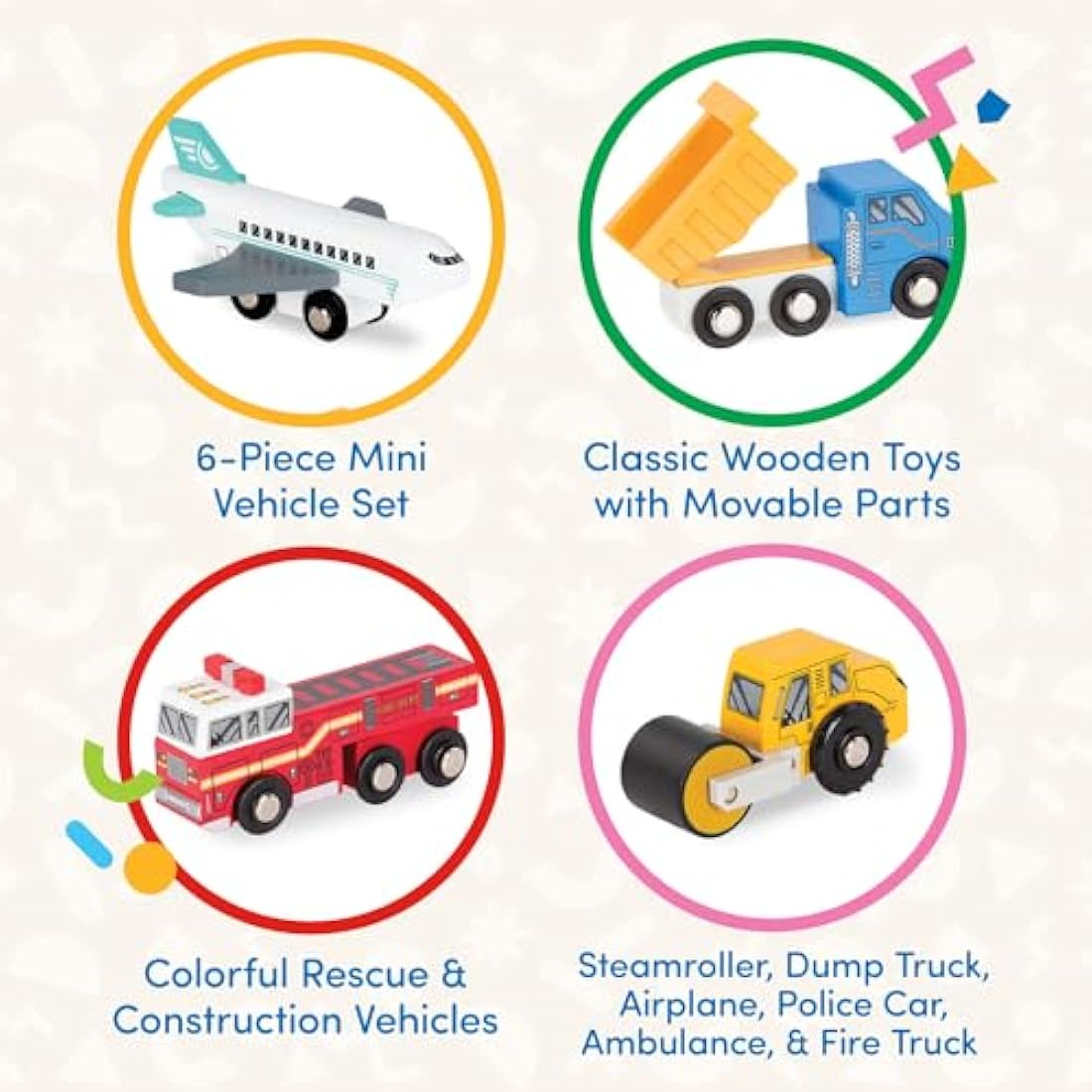 Battat – Miniature Toy Cars – 6 Pieces Wooden Minis – Classic Rescue & Construction Vehicles – Steamroller, Dump Truck – 3+ Years– Wooden Vehicles Set 2