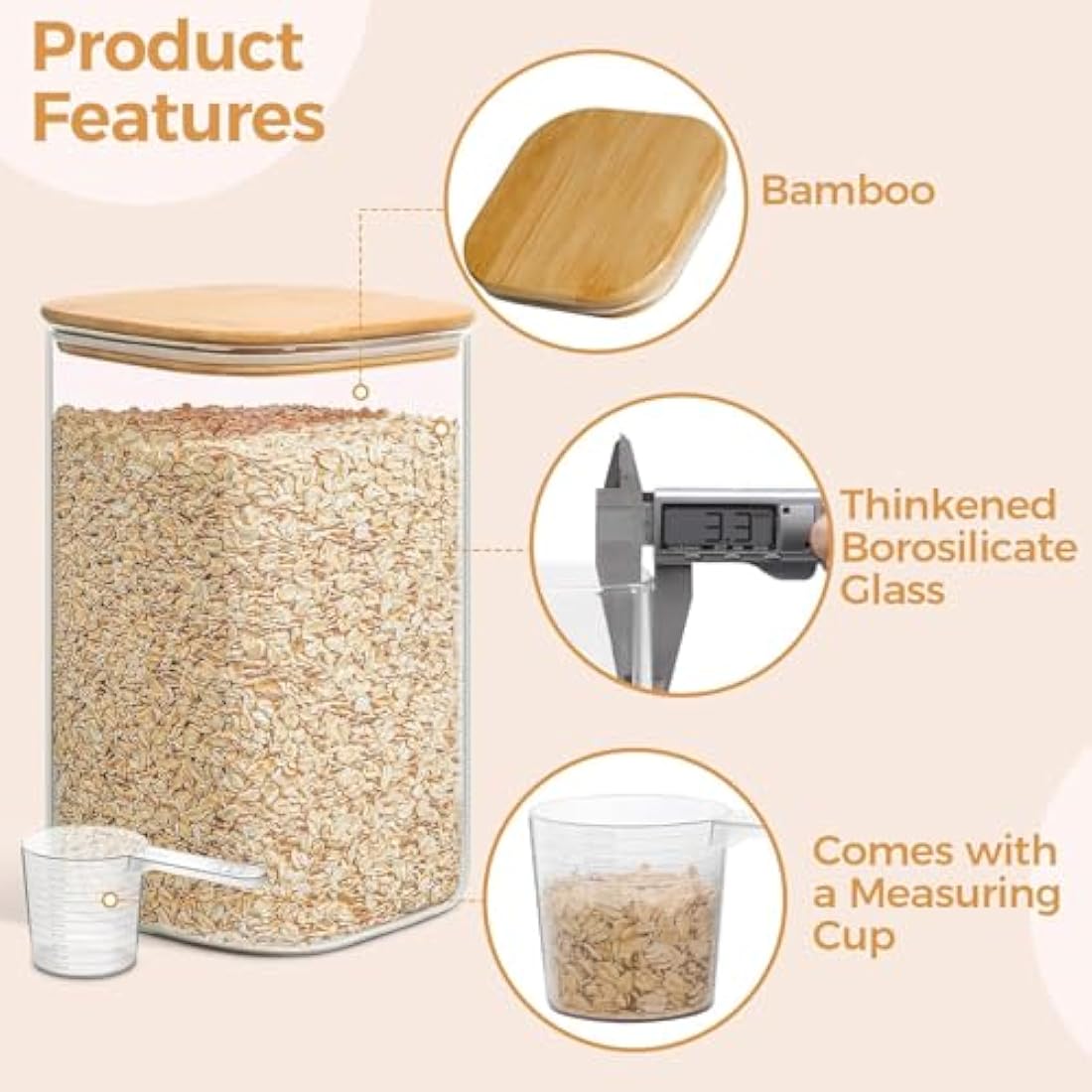 ComSaf Glass Pantry Storage Containers, 156/51 oz Large Square Flour and Sugar Containers with Airtight Lids, Gallon Glass Jars with Bamboo Lids for Rice, Pasta, Cookies, Coffee Beans