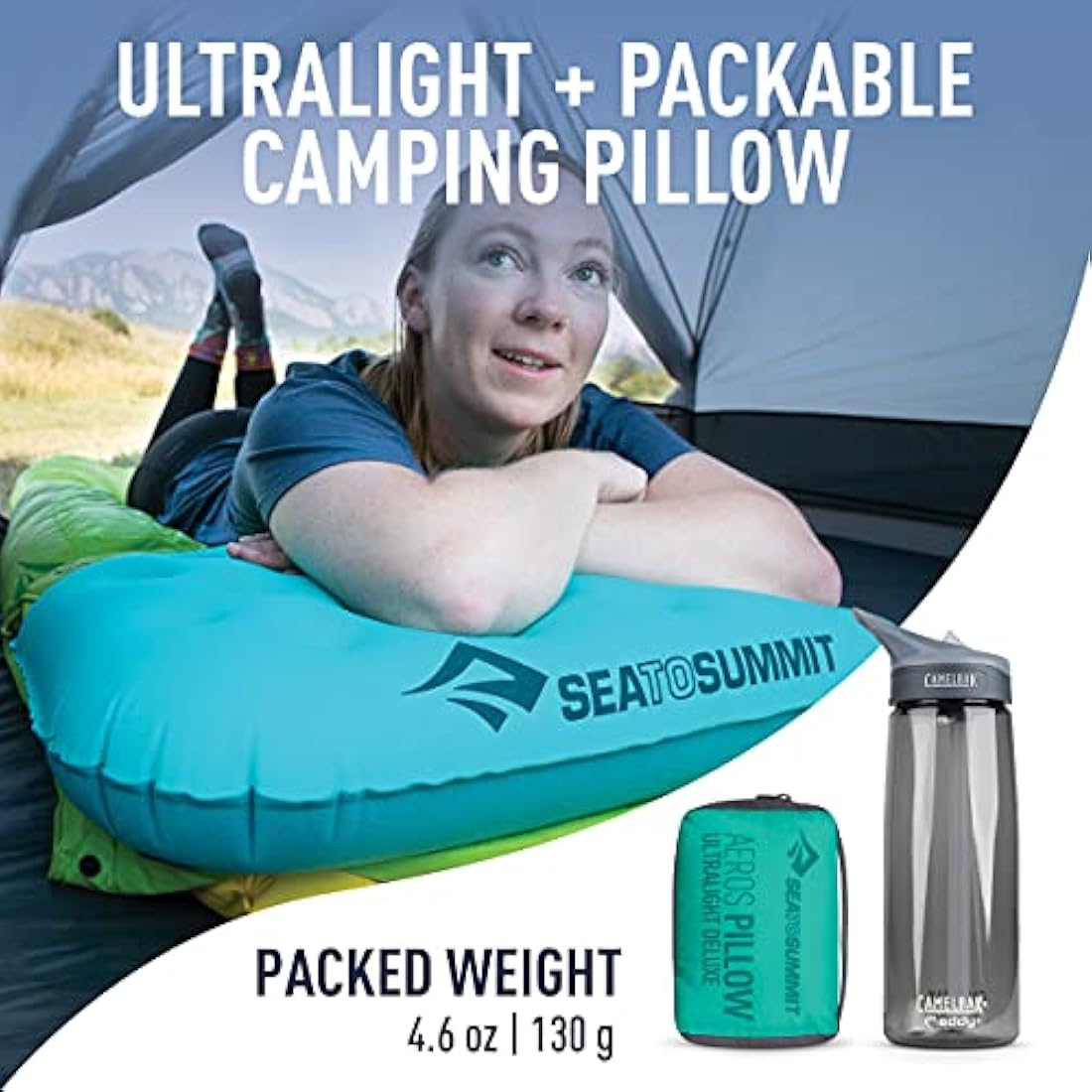 Sea to Summit - Aeros Ultralight Deluxe Pillow XL - Lightweight Inflatable Travel Pillow - Lock System - Ultra-Sil Zippered Pouch - For Camping & Bikepacking - 56 x 36 x 14cm - Sea Foam Green - 130g