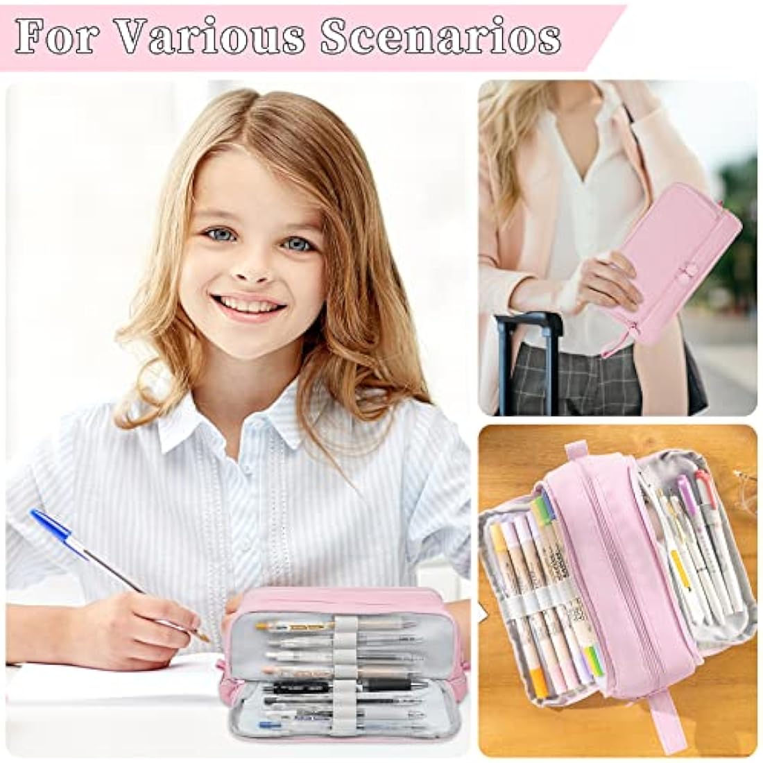 Tesmien Pencil Case, Large Pencil Case with 4 Compartments Stationery Organizer for Boys and Girls, Aesthetic Pencil Bag Suitable for Kids Teenagers Students Women Men, Pink