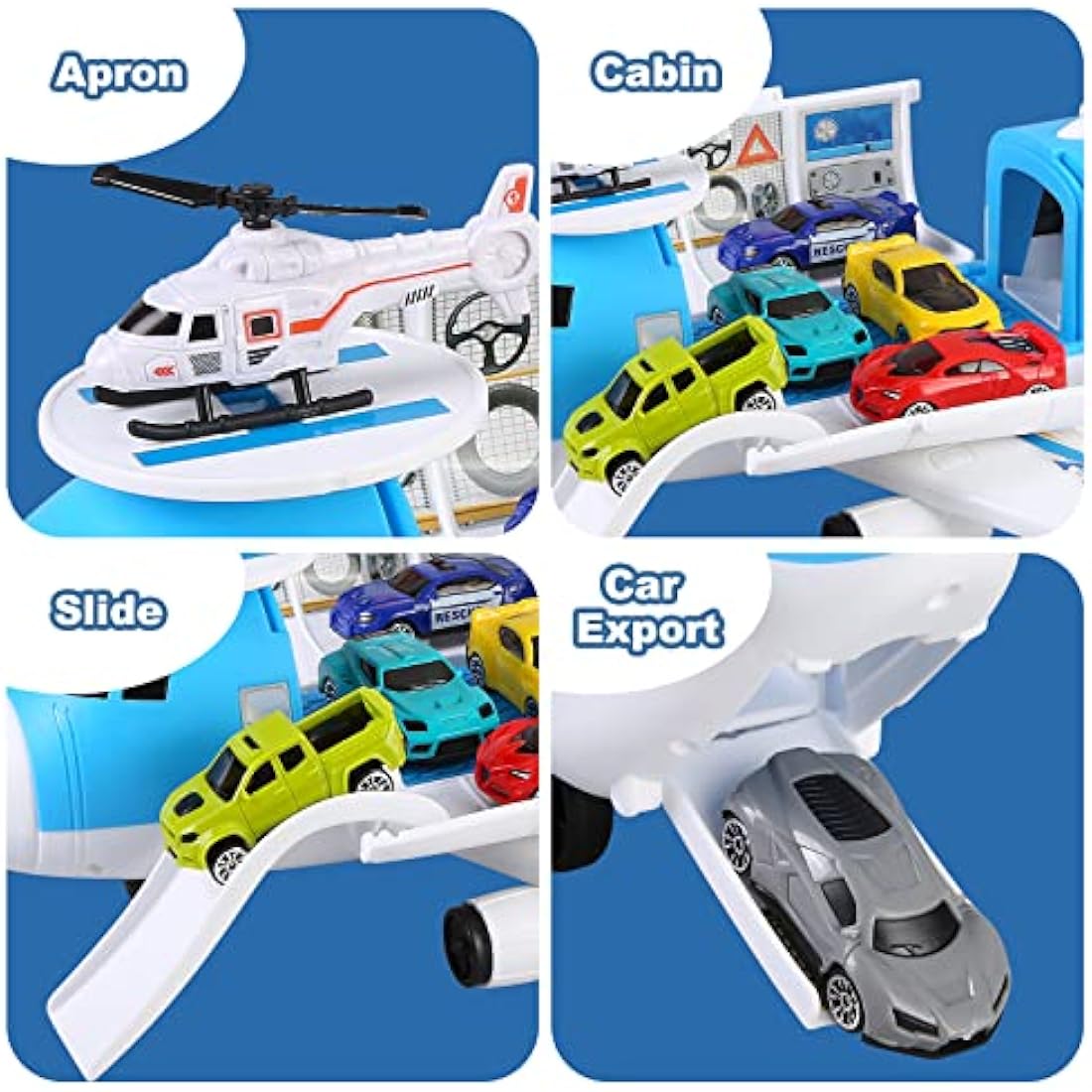 kramow Toys for 3 Year Old Boy, Cars Toy set, Airplane Toys, Transport Aeroplane with Play Mat, 8 Sports Cars, 1 Helicopter, 11 Traffic Signs, Cargo Plane Gifts for Kids Boys Girls age 3 4 5 6
