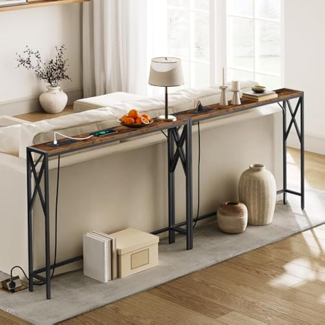 MAHANCRIS 2 Pack Console Table with Charging Station, 100 CM Narrow Sofa Table, Long Entryway Table, Hallway Table with USB Ports, Behind Couch Table with Power Outlets, Rustic Brown ACTHR151KE01S2VN1