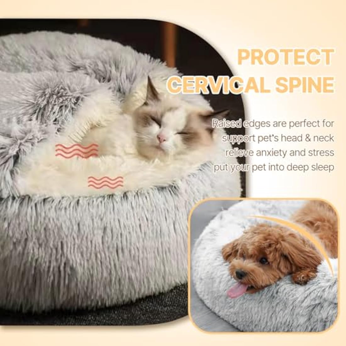 Calming Dog Bed Fluffy Plush Pet Bed under 10kg,Washable Anti Anxiety Small Medium Dog Bed,Indoor Cats Dogs Soft Warm Donut Cave Bed Patent No.: 6242416(Grey)