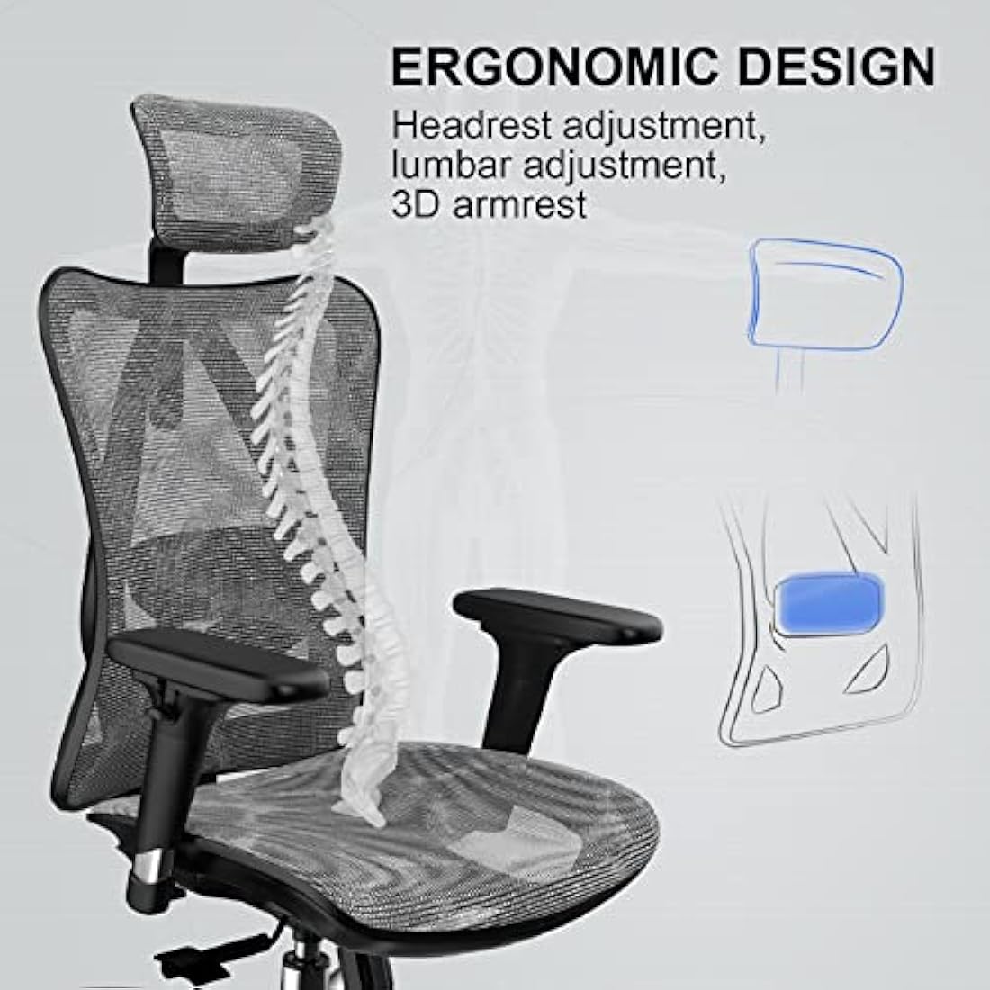 SIHOO M57 Ergonomic Office Chair Mesh Desk Chair with Adjustable Lumbar Support 3D Armrests Breathable High Back Computer Chair (Grey)