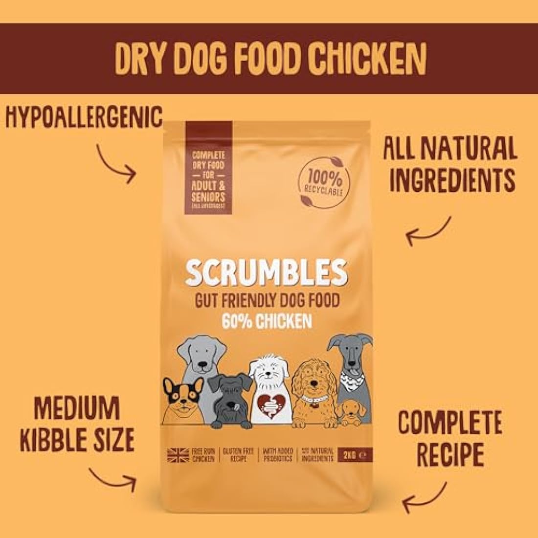 Scrumbles Dry Dog Food with Fresh Chicken, 2 kg (Pack of 1),package may vary