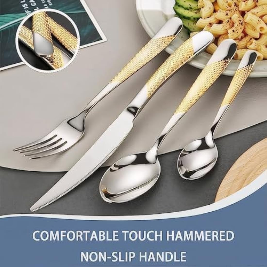 Gilded Silverware Set, 24 Piece Cutlery Set with Holder, Service for 6, Mirror Polished Tableware Set for Home Kitchen (Gold Silvery)