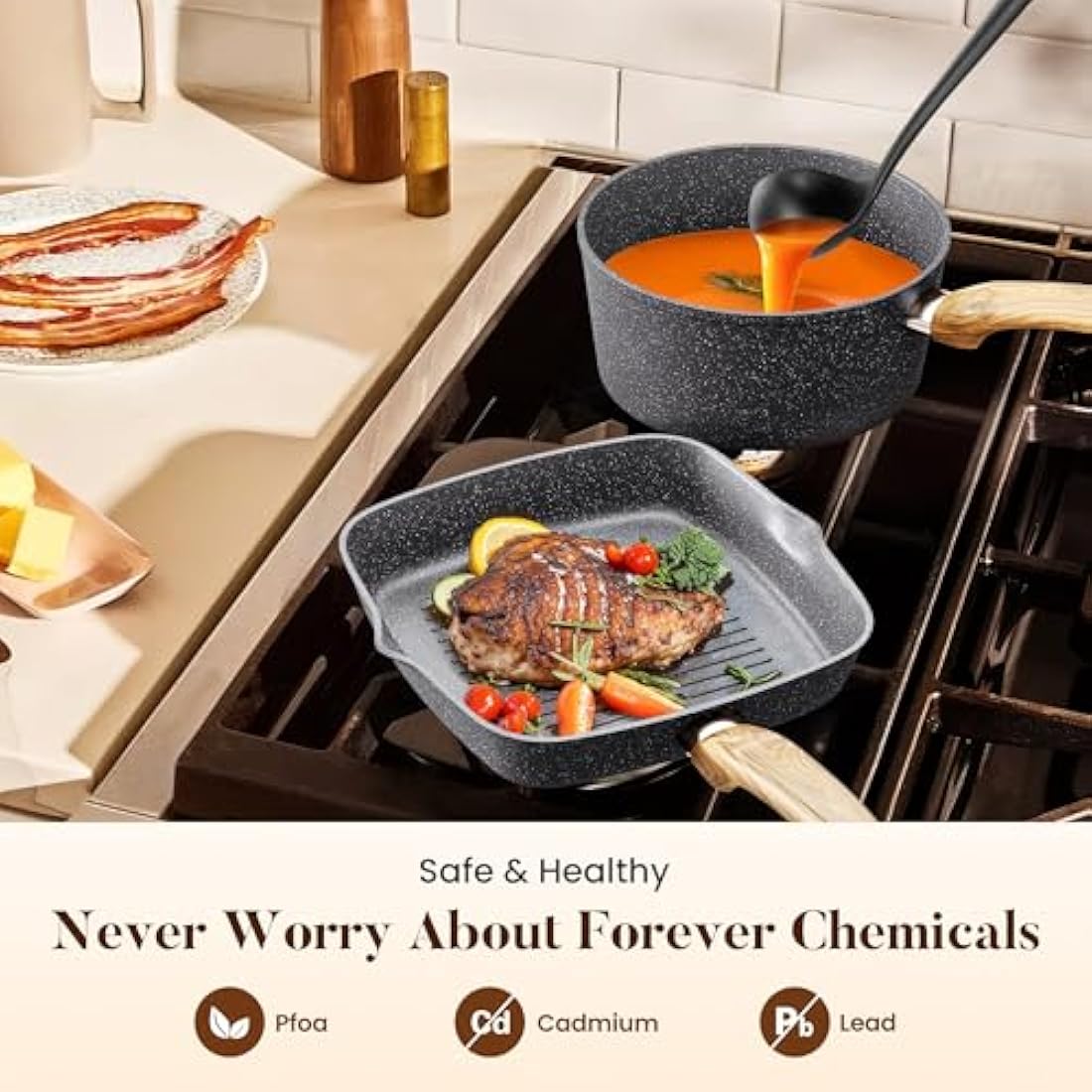 Kitchen Academy 17 Pcs Induction Hob Pots and Pans Set Non Stick, Nonstick Induction Kitchen Cookware Sets, Gray Granite Cooking Saucepan and Frying Pans Set