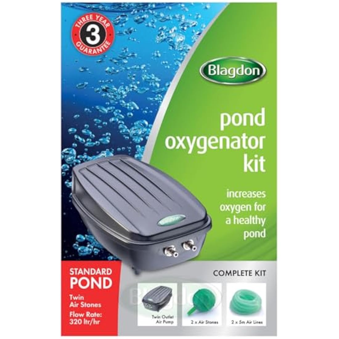Blagdon Pond Water Oxygenator Kit, 2 Outlet Aeration Air Pump for Standard Ponds up to 2000 litres, Green