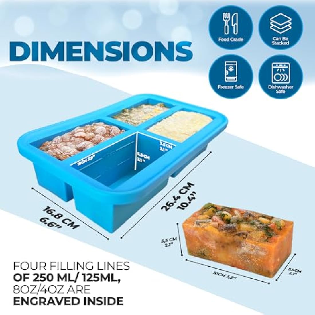 Ozwen 1-Cup Extra Large Silicone Soup Freezer Tray With Lid, Meal Prep with Soup Freezer Food Cubes Container, Baby Food Freezer and Storage Moulds for Sauce & Broth & Leftover (2-Pack, Blue)