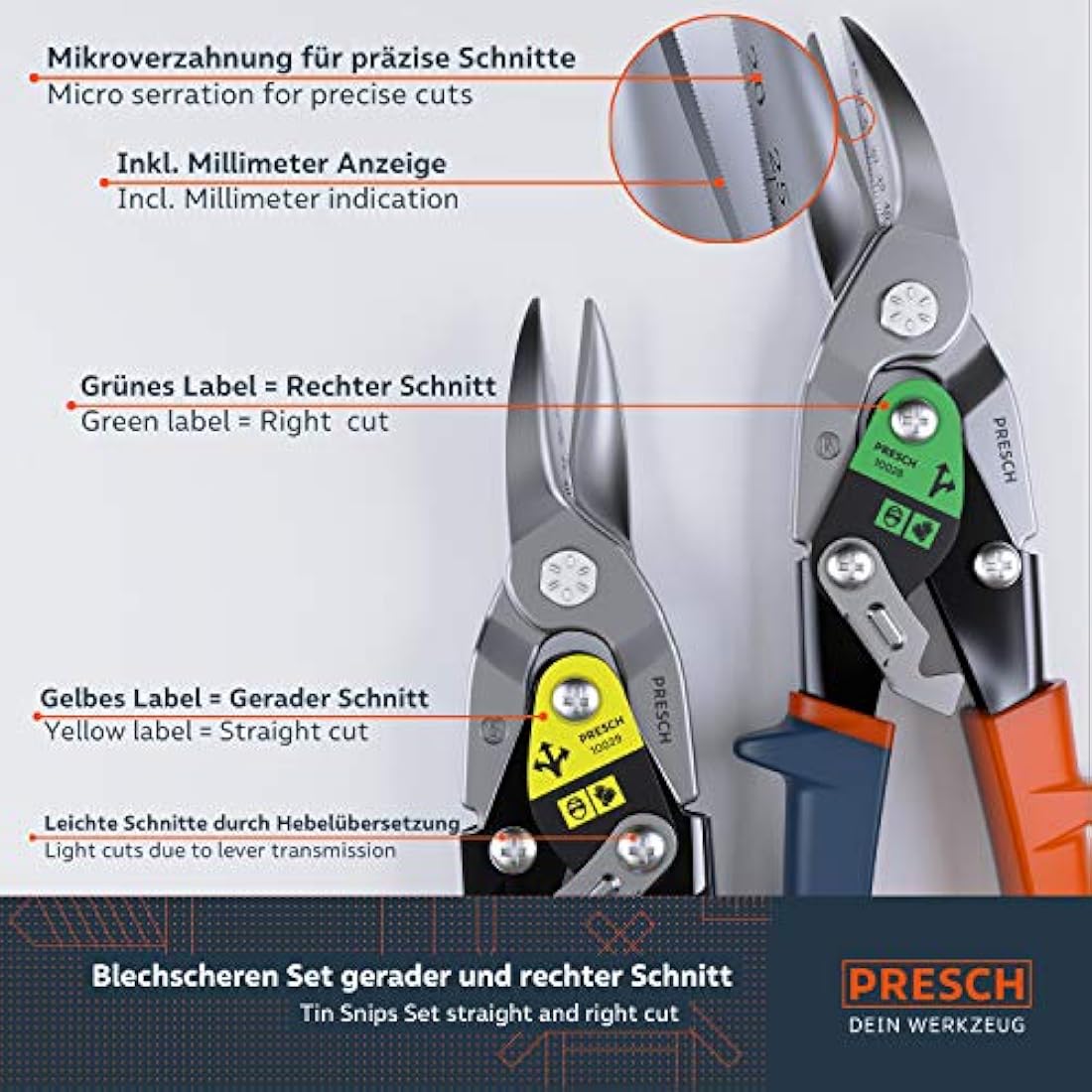Presch Tin Snips Set Straight and Right Cut - Heavy Duty Aviation Snips - Drywall Construction Tool Set for Cutting Metal with Lever Transmission - Tin Cutter Kit