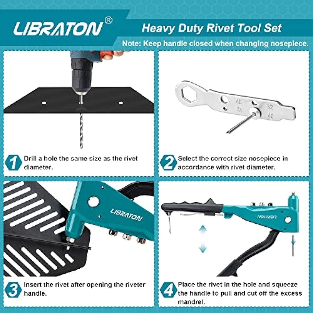 Libraton Heavy Duty Rivet Gun, Pop Rivet Gun Set, Professional Hand Riveter, Manual Riveting Tool with 100Pcs Rivets and 4 Interchangeable Heads, for Metal, Wooden and Plastic