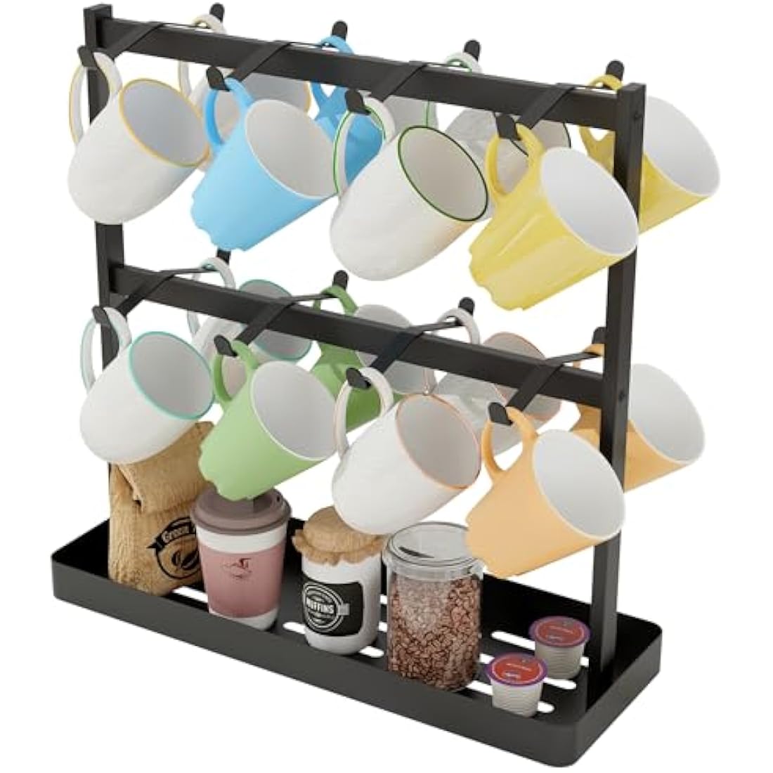 YUMORE Coffee Mug Holder Stand,16 Cup Hooks Countertop Mug Tree Holder Rack with Storage Base 2 Tier Counter Cups Mugs Display Storage Organizer for Kitchen Tea Coffee Bar, Black, Metal