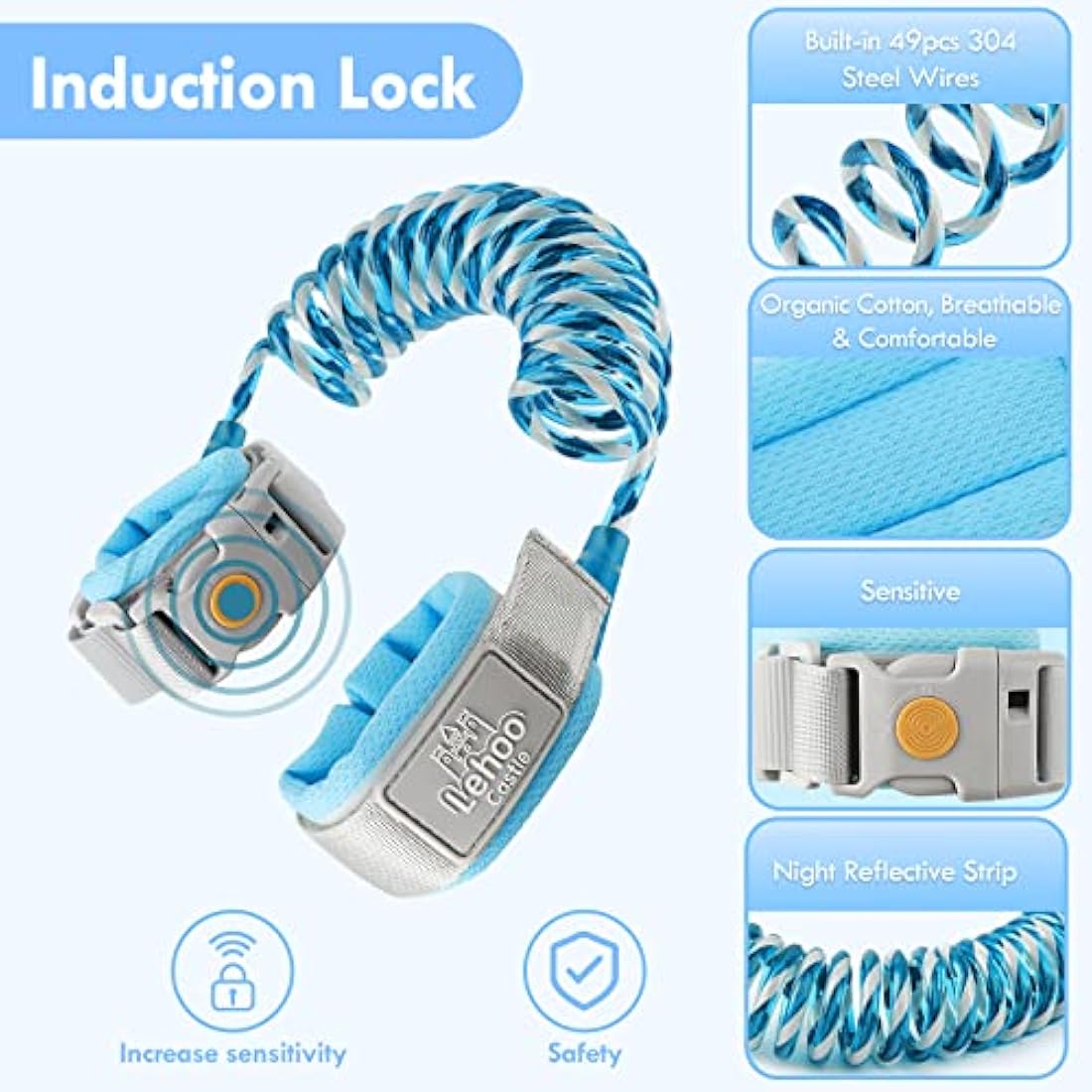 Lehoo Castle Baby Reins for Walking, 1.5M Toddler Reins for Kids with Induction Lock, Anti Lost Wrist Link Wrist Reins, Child Safety Harness for Autism Boys Girls (Light Blue)