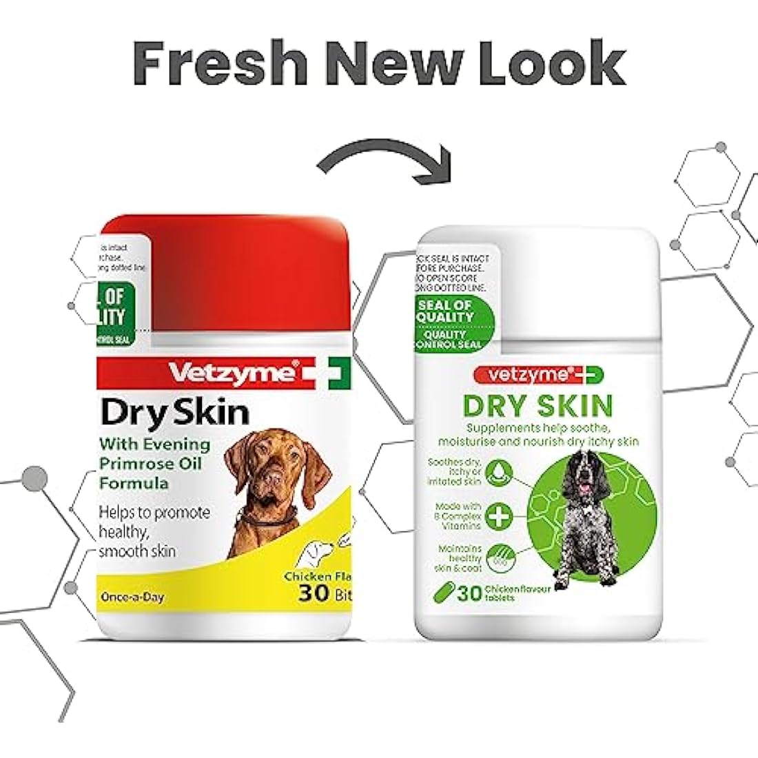 Vetzyme Dry Skin Tablets for Dogs (30 Tablets) - Dry and Itchy Skin Relief, Promotes Healthy and Smooth Skin, Tasty Chicken Flavour