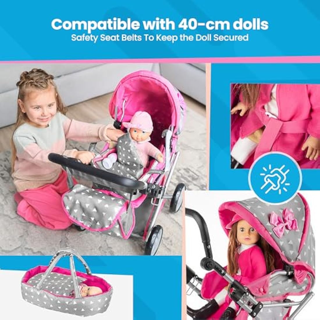 Kinderplay Dolls Pram | 3-in-1 Toy Pram | Baby Doll Pram - Toy Pushchair | Dolls Buggy | Dolls Pushchair | Doll Stroller with Adjustable Handle (36.5-64 cm), model KP0200S