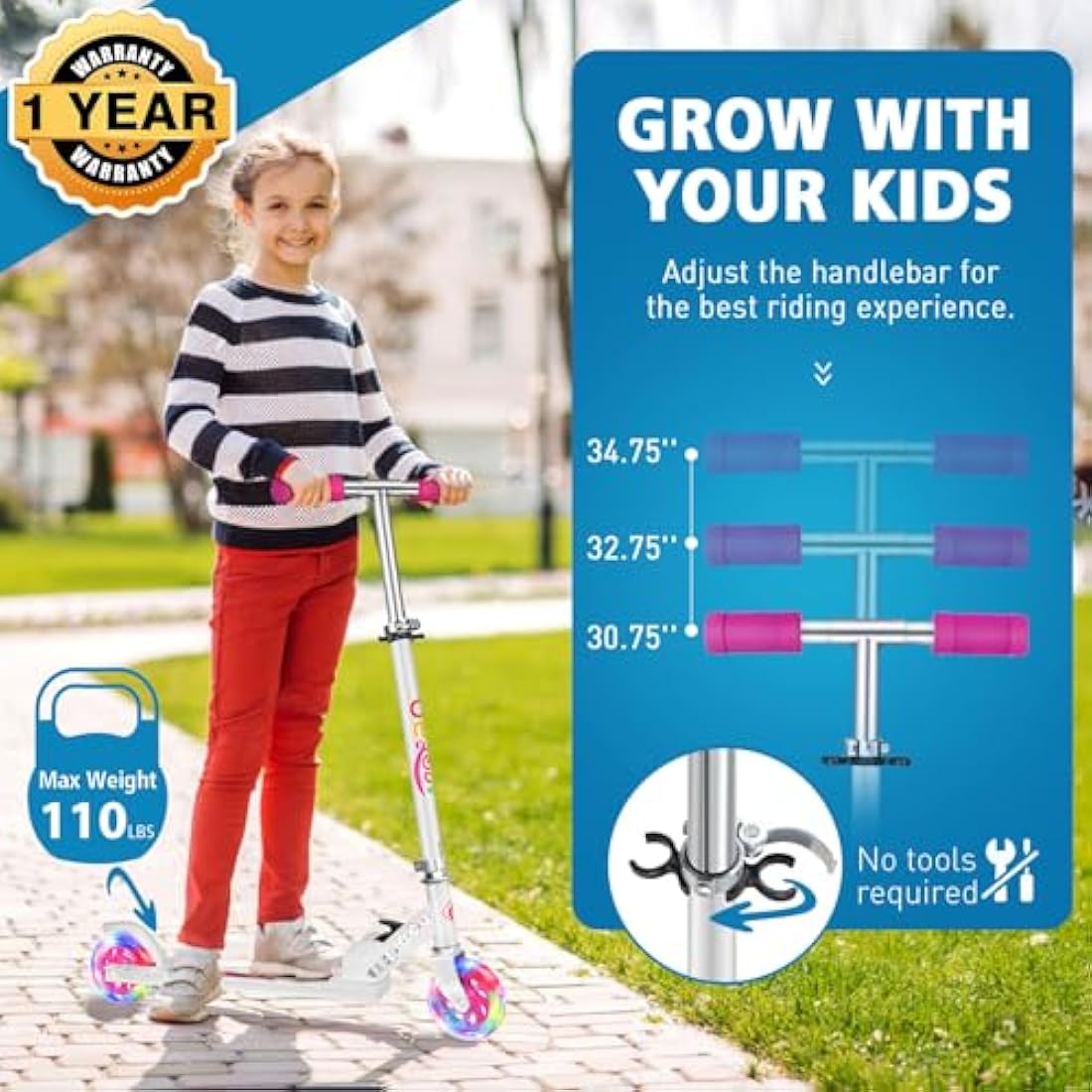 BELEEV V1 Scooter for Kids, 2 Wheels Folding Kick Scooter for Children Girl and Boys, 3 Adjustable Height, Flashing Light up Wheels, Lightweight Scooter with Sturdy Frame, Kickstand, Age 3-12