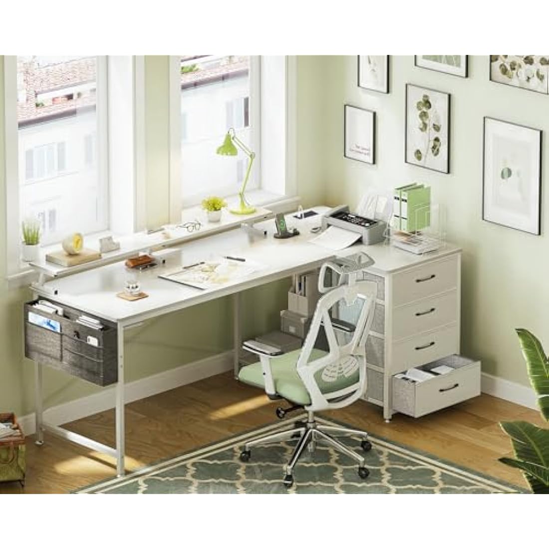 ODK Corner Desk with Drawers, L Shaped Computer Desk 160x80cm with USB Charging Port & Power Outlet, Home Office with Monitor Stand and PC Stand, Gaming Desks Workstations, White