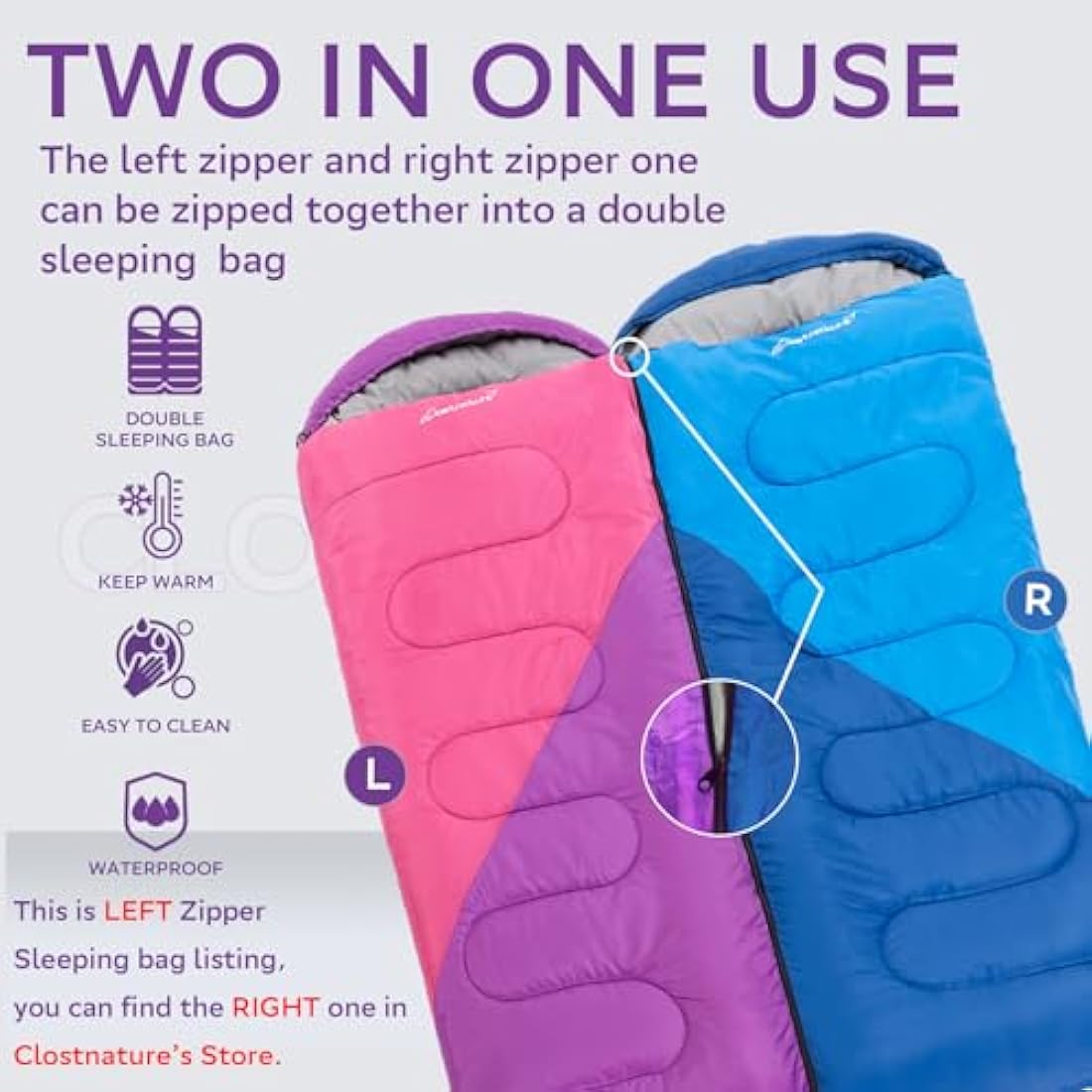 Clostnature Sleeping Bag for Adults and Kids - Compact Lightweight Sleeping Bag, 4 Season Ultralight Camping Sleeping Bag for Summer, Winter, Children, Girls, Boys - Storage Sack Included(Left Zipper)