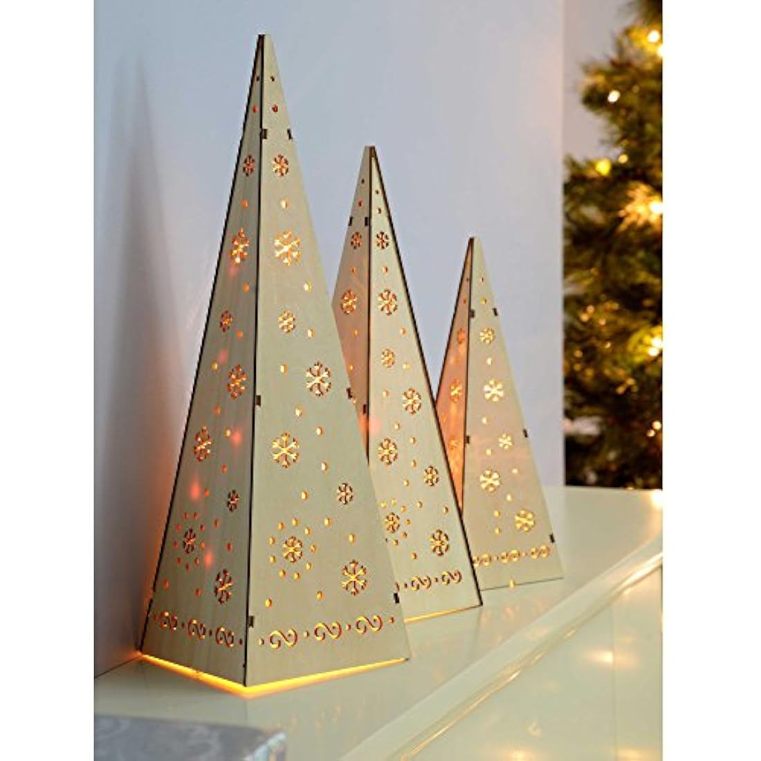 WeRChristmas Wooden Pyramid Christmas Trees with Warm White LED Lights Decoration - Multi-Colour, Set of 3