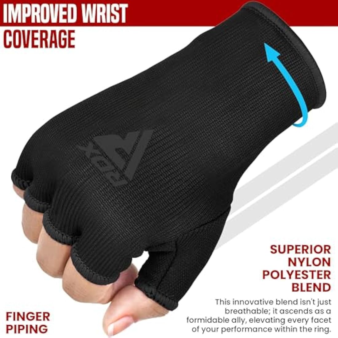 RDX Boxing Hand Wraps Inner Gloves for Punching - Half Finger Elasticated Bandages under Mitts Fist Protection - Great for MMA, Muay Thai, Kickboxing, Martial Arts Training, Combat Sports