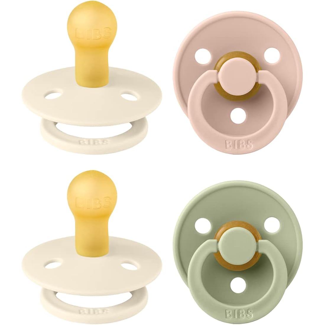 BIBS Dummies Colour 4-Pack, BPA Free Dummy Pacifier, Round Nipple Soothers, Natural Rubber Latex, Made in Denmark. 0-6 Months (Pack of 4), Ivory Mix