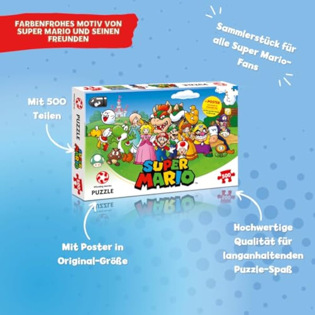 Winning Moves Super Mario and Friends 500 Piece Jigsaw Puzzle Game, piece together Mario, Luigi, Yoshi, Bowser and Toad, gift and toy for ages 10 plus