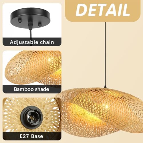 Schindora Creativity Hanging Lights,Handwoven Hat Bamboo Light Shade Retro Ceiling Pendant Light 100Cm Vintage Ceiling Lights for Kitchen Dining Room Living Room Restaurant,Light Straw