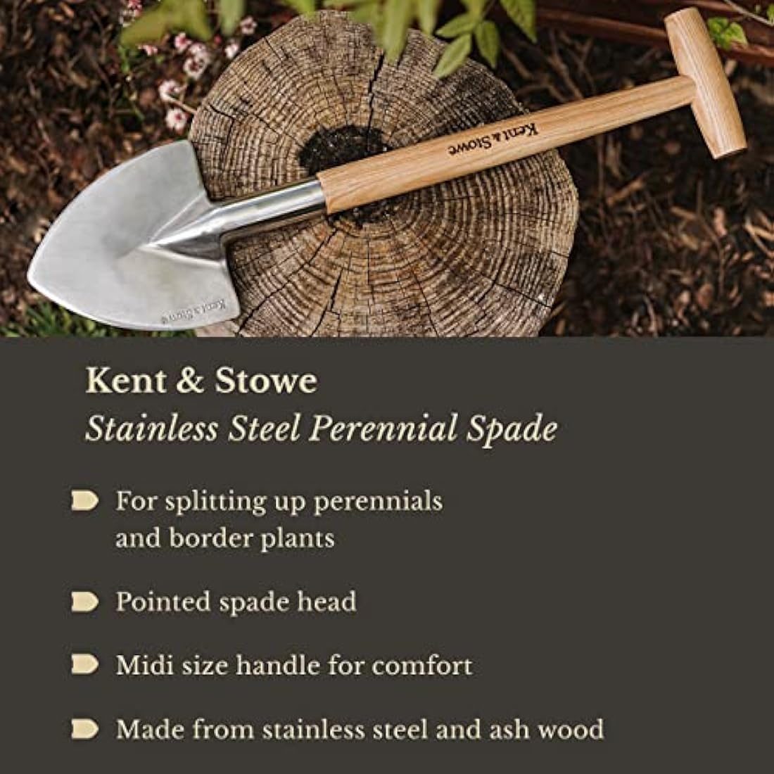 Kent & Stowe Stainless Steel Perennial Spade, Pointed Head Garden Spade for Easy Slicing Through Roots, All Year Round Garden Tools Made from Stainless Steel and Ash Wood