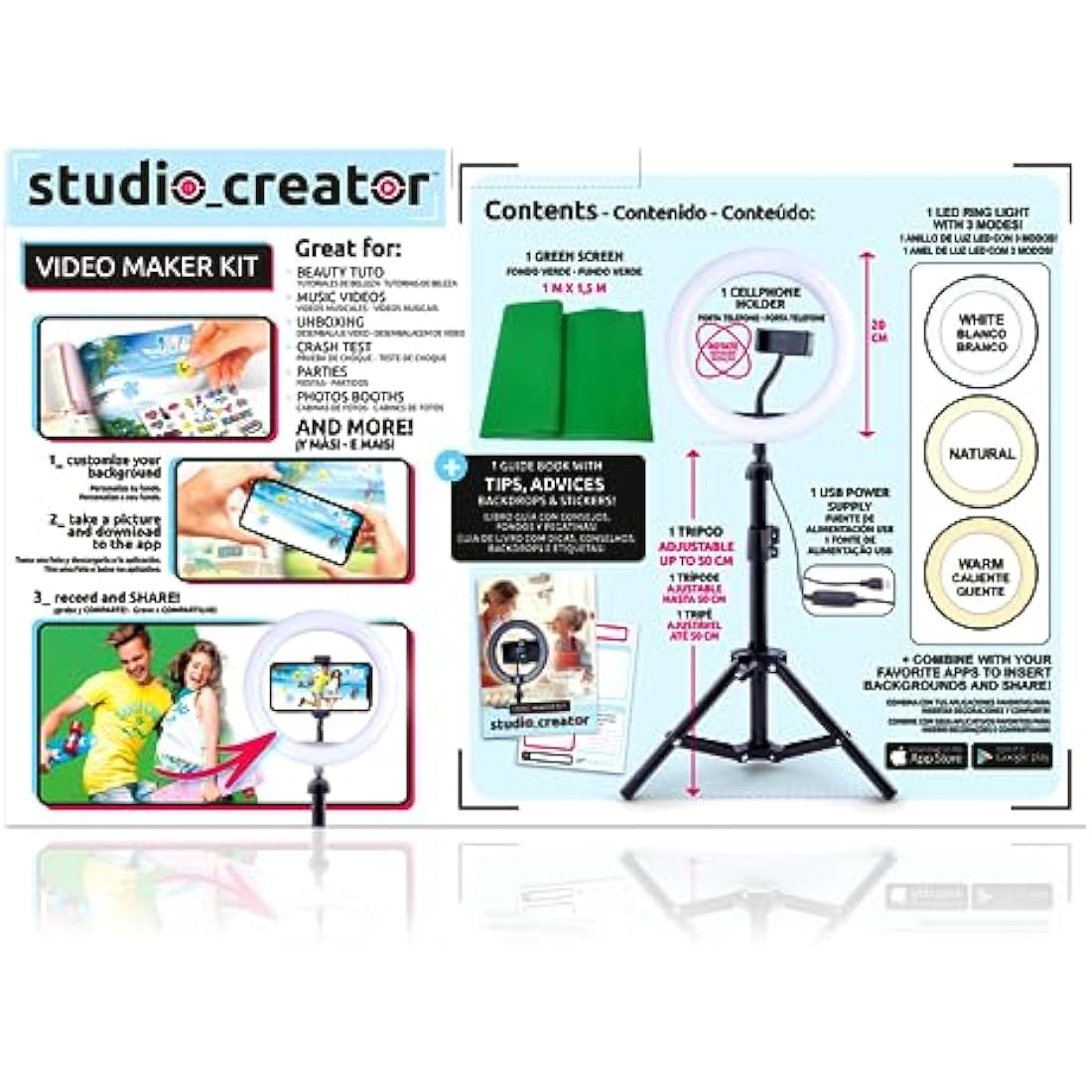Canal Toys - Video Studio Creator Kit - Become an Influencer - Accessories with Green Background, Tripod and Ring of Light - From 8 years old - INF 001 - Cranberry