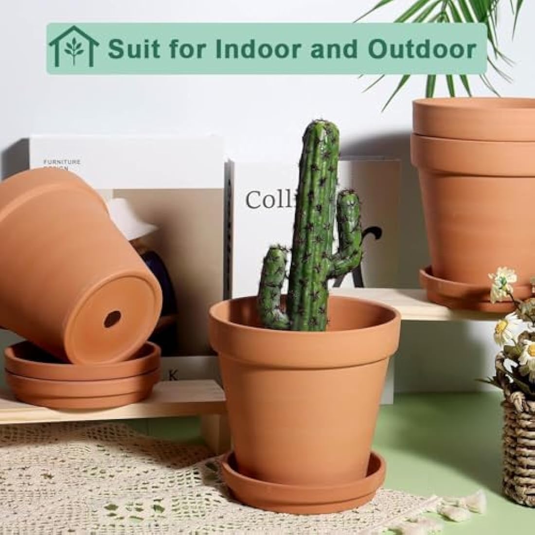 vensovo 15cm Clay Pot for Plant with Saucer - 4 Pack Large Terra Cotta Plant Pots with Drainage Hole, Flowerpot with Tray, Terracotta Planter for Indoor Outdoor Plant