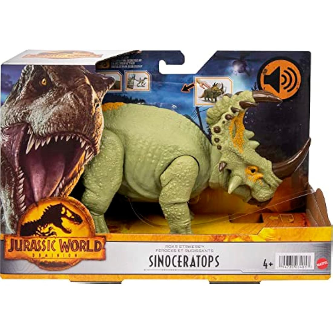 Jurassic World Dominion Roar Strikers Sinoceratops Dinosaur Action Figure, Roaring Sound and Head Ram Attack, Physical and Digital Play, 4 Years and Up