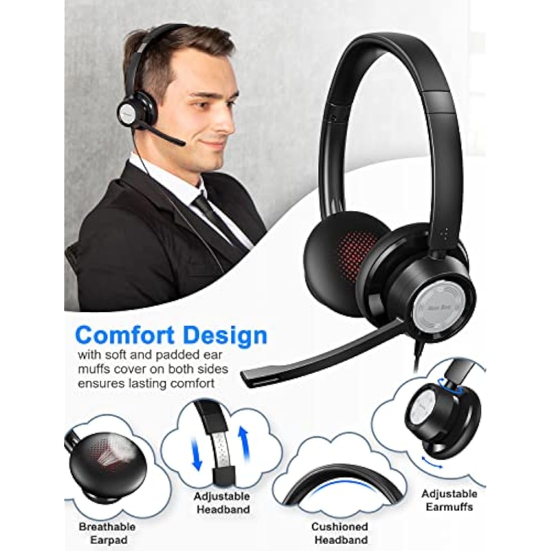 New bee USB Headset with Microphone, Headphones with Microphone,PC Headset USB Type-C 3.5 mm for Call Centre/Telephone Conferencing/Skype Chat/Online Courses (black)