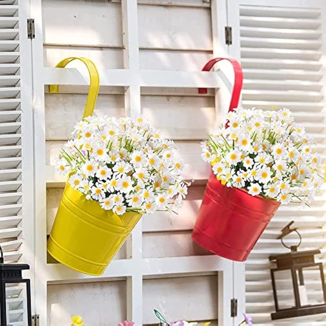 4PCS Artificial Daisy Flowers Outdoor Spring Summer Decoration UV Resistant Fake Flowers Faux Plastic Greenery Shrub Plant Indoor Outside Hanging Garden Home Porch Wedding Party Decor (White)