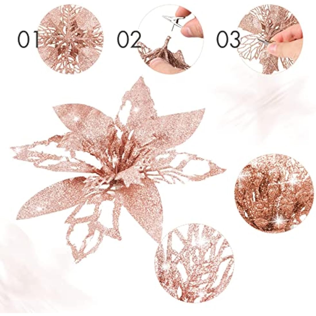 Boao 24 Pieces Christmas Glitter Artificial Poinsettia Flowers Christmas Flowers Decorations Wedding Xmas Tree New Year Ornaments (Rose Gold)