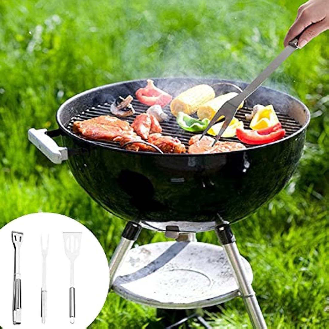 BBQ Tool Set,3 Pcs Professional Stainless Steel Grill Accessories Set with Handle Storage Bag,Camping Barbecue Grilling Utensils Kit Spatula Tongs Fork for Birthday Christmas Party